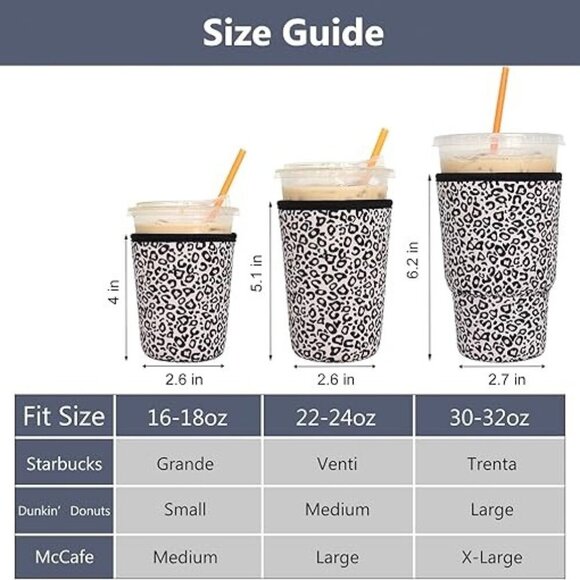 3 Pack Reusable Iced Coffee Sleeves Black Leopard-print - Picture 2 of 6